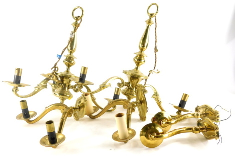 A pair of modern brass three branch chandeliers and similar two branch sconces, 45cm high, etc. (a quantity)