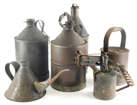 Various vintage oil cans, a cylindrical example, another of tapering circular form, 18cm high, blow torch, etc. (a quantity)