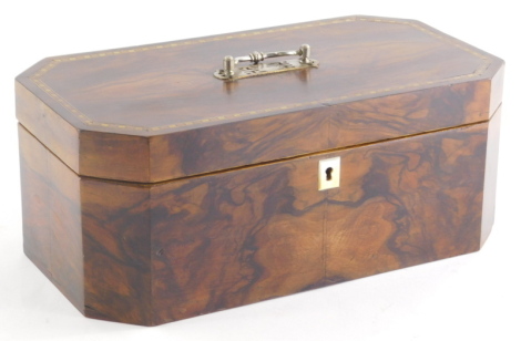 A 19thC and later walnut jewellery box, of hexagonal form with mother of pearl escutcheon and removable shelf with deep well, the whole surmounted by a swing handle, 13cm wide, 20cm deep.