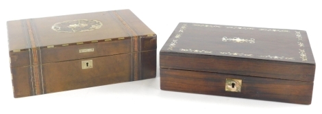 A 19thC and later rosewood and mother of pearl jewellery box, of rectangular form with mother of pearl escutcheon and plain interior, and a further walnut box with small sections of metal inlay, 24cm wide. (2, AF)
