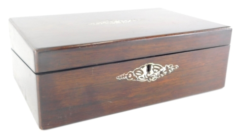 A 19thC and later rosewood writing slope, of rectangular form with mother of pearl inlay to the escutcheon and lid, hinging to reveal a fitted interior, with spaces for inkwells and pens, 13cm high, 33cm wide, 24cm deep.