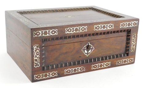 A 19thC mother of pearl inlaid jewellery casket, of rectangular form, the highly elaborate exterior, revealing a plain interior, 12cm high, 29cm wide, 20cm deep.