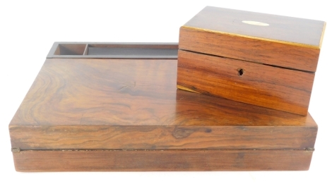 A 19thC and later rosewood jewellery casket, of rectangular form with oval mother of pearl cartouche and plain interior, 10cm high, 18cm wide, 9cm deep, and a laptop rosewood writing slope. (2)