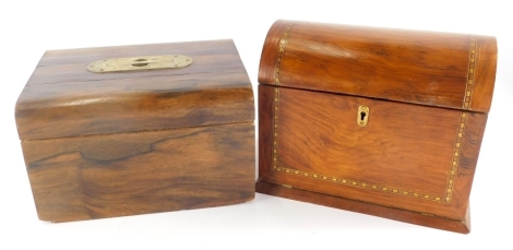 A 19thC and later desk tidy, the domed top with a Tunbridge style inlay, hinging to reveal a removable shelf for ink bottle and spaces for letters, with a secret compartment, 22cm high, 25cm wide, 15cm deep, and a further domed topped jewellery casket wit