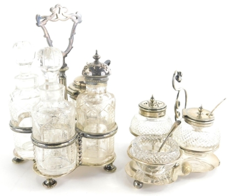 A harlequin cut glass and silver plated cruet set, of miniature form, with shield shaped pierced handle, with shaped stand, 17cm high, and a further three piece cut glass cruet set on plated stand. (2)