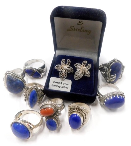 A group of silver and other dress rings and jewellery, each stone set, a pair of filigree design floral earrings, etc. (a quantity)