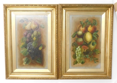 An early 20thC School, still life with flowers, oil on canvas, 50cm x 27cm, and a further still life of fruit. (2)