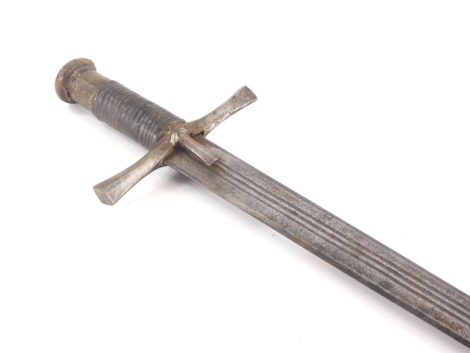 A knightly type sword, with engraved blade and leather bound handle, 97cm long. (AF)