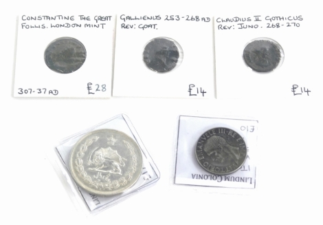 A quantity of coins, to include an Iranian five Rials, some Roman coins to include Constantine The Great, London Mint.