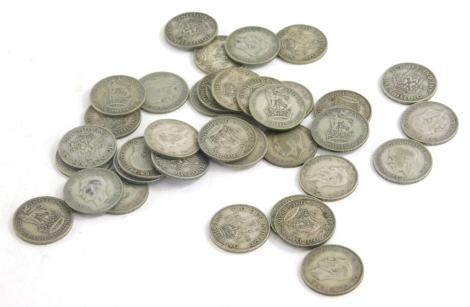 Thirty six pre 1946 one shilling coins, approx 200g.