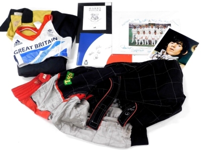 A collection of signed and other collectables, to include signed pieces, and some with printed signatures, to include Red Arrows, Harry Potter, England cricket team, Great Britain Athletics team, motor racing overalls, label for C Jackson, etc.