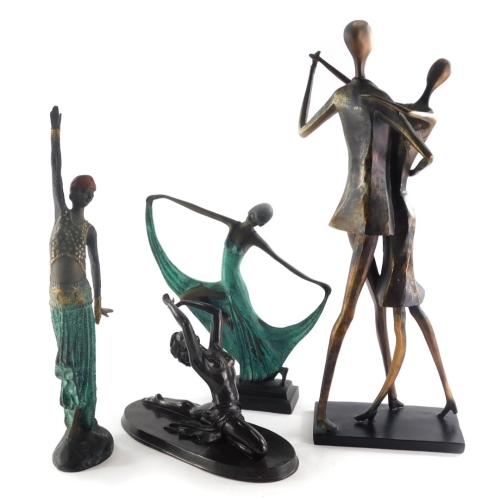 A collection of sculptural items, to include two bronze Art Deco style dancers, and two resin figures of dancers.