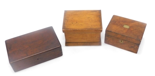 Three wooden boxes, to include a figured walnut box, with vacant cartouche.