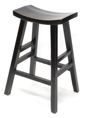 A Chinese ebonised stool, possibly elm, 75cm high the seat, 46cm wide.