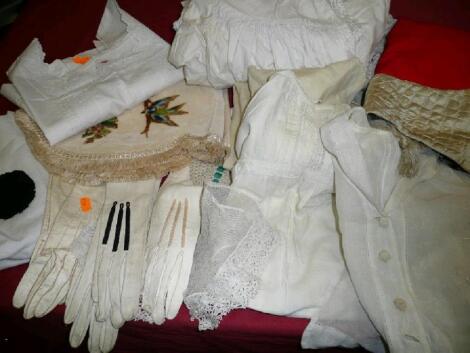 Vintage kid gloves, nightdress, pinnys, child's cape etc