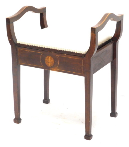 An Edwardian mahogany and marquetry piano stool, with padded hinged lid.