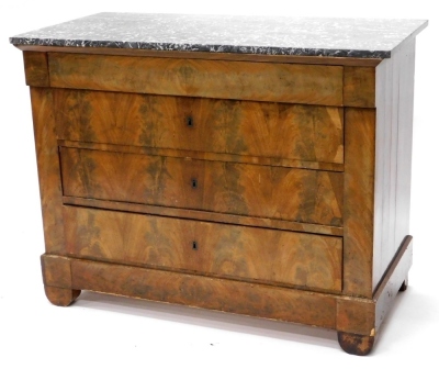 A 19thC French commode, with a grey marble top above four long drawers, on bracket feet, 114cm wide.