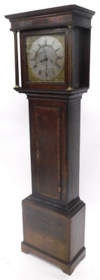 John Ramsbottom, Hall Green. A late 18th/early 19thC longcase clock, the square brass dial with silver chapter ring and engraved detail, with a eight day four pillar movement, in an oak and mahogany crossbanded case, 182cm high.