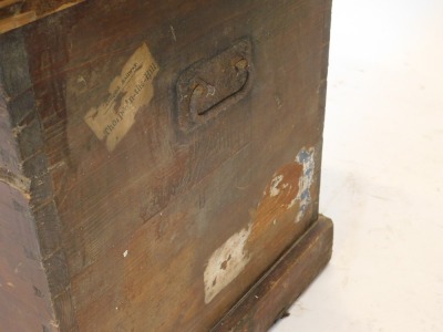 A Victorian stained pine travelling chest, the hinged lid enclosing a vacant interior, on a plinth, luggage label for Alan Line, Liverpool, 95cm wide. - 2