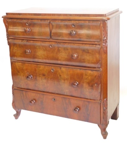 A 19thC continental figured mahogany chest of drawers, with two short and three long drawers, each with shaped fronts and turned handles on short cabriole feet, 99cm wide.