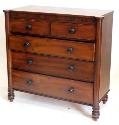 A Victorian mahogany chest of drawers, with two short and three long drawers, each with turned ebonised handles, flanked by pillars, 122cm wide.