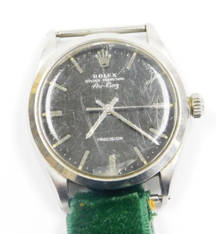 A Rolex Oyster Perpetual Air-King wristwatch, with black dial and precision movement, in stainless steel case, movement 1520, model 5500?, serial no. 1846218?, on material strap, dial 3cm wide, 40g all in.