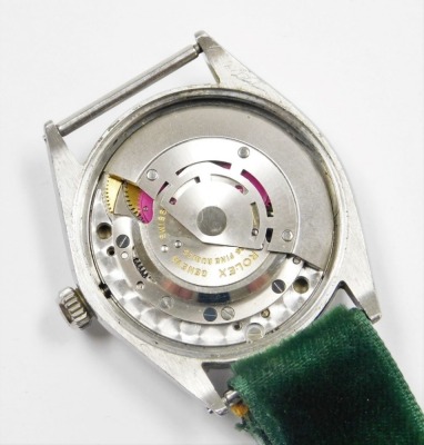 A Rolex Oyster Perpetual Air-King wristwatch, with black dial and precision movement, in stainless steel case, movement 1520, model 5500?, serial no. 1846218?, on material strap, dial 3cm wide, 40g all in. - 2