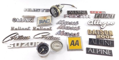 Car body name plates, including Maxi, Austin Allegro, Fiat, Suzuki and Alpine, metal and plastic, together with an oil gauge and an air gauge.