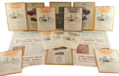 Six Armstrong For Better Bike advertising cards, together with model sheets, Singer advertising strut frames for the company, Senior Saloon, Six Saloon and Junior 2 and 4 seaters and two Armstrong advertising posters featuring Monsieur J Breau and his rec