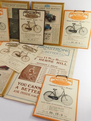Six Armstrong For Better Bike advertising cards, together with model sheets, Singer advertising strut frames for the company, Senior Saloon, Six Saloon and Junior 2 and 4 seaters and two Armstrong advertising posters featuring Monsieur J Breau and his rec - 2