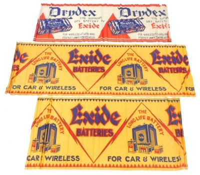 Three early 20thC tissue paper advertising banners, for Drydex, The Supreme Dry Battery By Exide another The Long Life Battery For Car And Wireless and a third similar. (3)