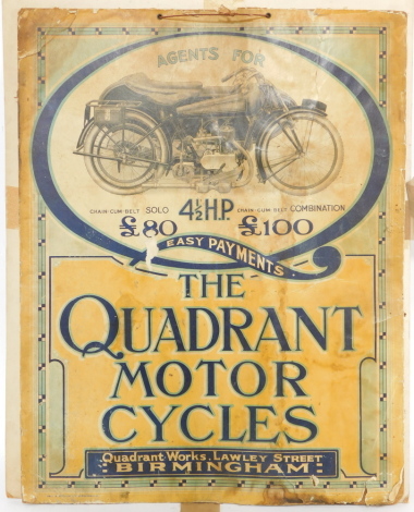 An early 20thC advertising poster, for Quadrant Motorcyles, 57.5cm high and 45cm wide.