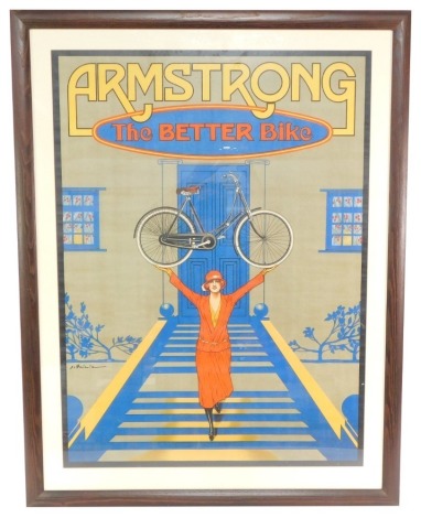 An Armstrong advertising poster The Better Bike, showing a lady holding aloft a lady's bicycle, 95cm high, 70cm wide.