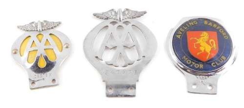 An Aveling Barford Motor Club car badge, and two AA car badges, A4793J and 39878X. (3)