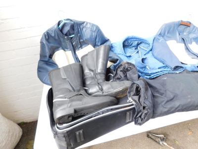 BMW motorcycle apparel, comprising two leather jackets, a pair of boots, a bag, light jacket and trousers. - 2