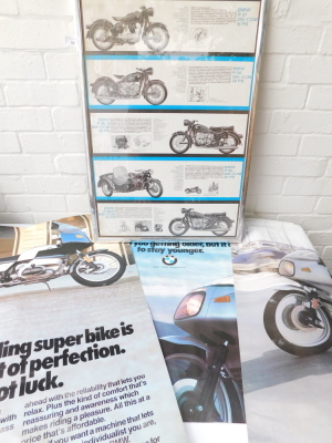 A BMW motorcycle advertising poster, for R27, 50, 60 and 69, framed and glazed, 68cm x 47cm, and three unframed BMW posters. (4)