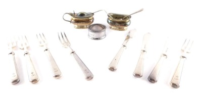 Pacific and Orient Steam Navigation Company P & O silver plated flatware, by Mappin and Webb, comprising five fish forks and three knives, mustard spoon, napkin ring, mustard pot with liner and salt cellar with liner.