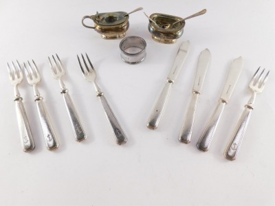 Pacific and Orient Steam Navigation Company P & O silver plated flatware, by Mappin and Webb, comprising five fish forks and three knives, mustard spoon, napkin ring, mustard pot with liner and salt cellar with liner. - 2