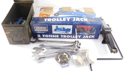 A Draper trolley jack, further jack, MG hub caps, AA badge, Derby spanners and further spanners, contained in an ammo box. (a quantity)