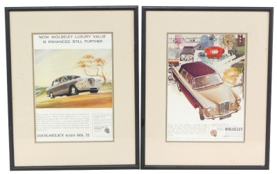 Two Wolseley advertising pages, framed and glazed, 28cm high x 20cm wide.