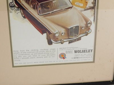 Two Wolseley advertising pages, framed and glazed, 28cm high x 20cm wide. - 2