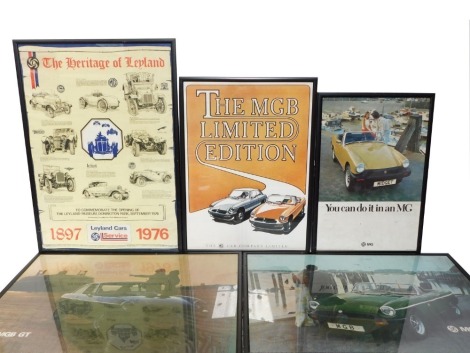 Five MG posters, framed and glazed, comprising The MGB Limited Edition, 82cm x 60cm., The Heritage of Leyland 1897-1976, 99cm x 69xm., MG Midget, You Can Do It In An MG, 76cm x 50., MGB, harbour side, 67cm x 98cm., and MGB GT, showing a hovercraft behi