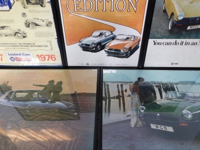 Five MG posters, framed and glazed, comprising The MGB Limited Edition, 82cm x 60cm., The Heritage of Leyland 1897-1976, 99cm x 69xm., MG Midget, You Can Do It In An MG, 76cm x 50., MGB, harbour side, 67cm x 98cm., and MGB GT, showing a hovercraft behi - 2