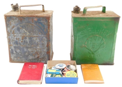 Shell & Pratts petrol cans, Ian Allan ABC of British Railways, Locomotive, combined volumes parts 1-4, and The Observer's Book of Railway Locomotives of Britain, together with motoring and tractor related car fobs and badges, some enamel. (a quantity)