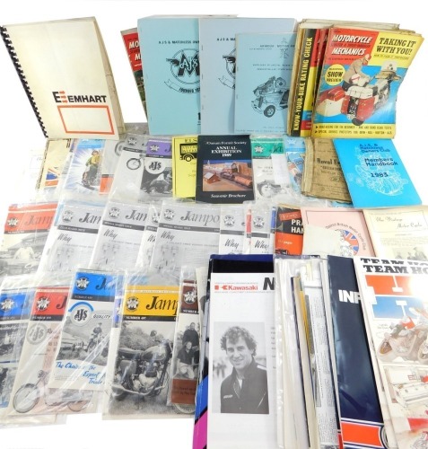 Motorcycling ephemera, including brochures, a Royal Enfield Crusader 215 motorcycle replacement parts list 1957, BSA repair handbook 1963-72, and Jam Pot Club Journal. (a quantity)