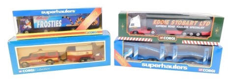 A Corgi die cast Eddie Stobart limited Volvo curtainside trailer, 59504, two Super Haulers, Scania car transport - ECM, TY86609 and a Renault container - Frosties, TY86908, together with a Corgi Collection Land Rover and horse box, Ellerdale, 60004, all b