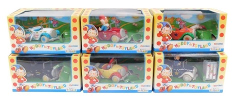 Six Corgi die cast Noddy In Toyland vehicles and characters, comprising Mr Milko 69003., Mr Spark 69002., Big Ears 69004., Noddy 69001., Gobbo 69006., and PC Plod 69005, boxed.