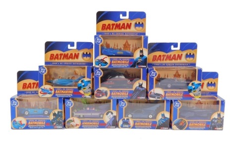 The Corgi 2000 DC Comics Batman Collectables Series, scale 1:43, comprising Batmobile 1940s, 60s, 80s, 90s, 2000, two versions, together with a Joker Mobile 1950's and a Bat Marine 1960's, all boxed. (8)