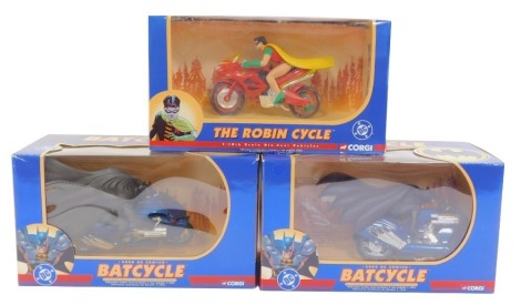 Two Corgi 2000 DC Comics Bat Cycles, scale 1:16, together with a Robin Cycle, all boxed. (3)