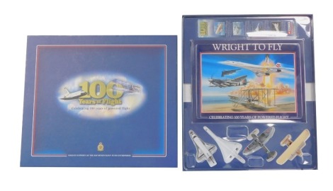 A Corgi die cast One Hundred Years of Flight, Showcase Collection, Sold In Support of the RAF Benevolent Fund Enterprises, comprising a Wright Flyer., Spitfire., Concorde and Space Shuttle, together with the Wright To Fly book, compiled by Peter R March, 